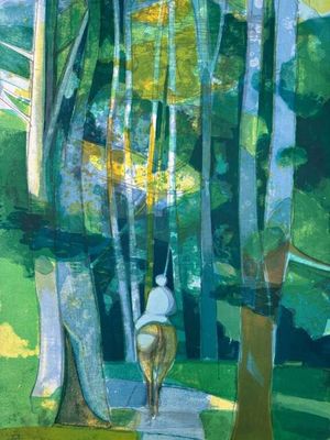 an image of a painting of a person walking through a forest