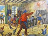 a painting of children playing with chickens in a classroom
