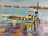 a painting of a small boat on the water