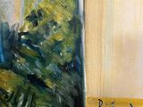 a painting of a woman sitting on a bench in a park