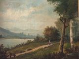 tableau représentant un homme et une femme assis sur un banc au bord d'un lac