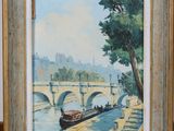 an oil painting of a boat on a river with a bridge in the background