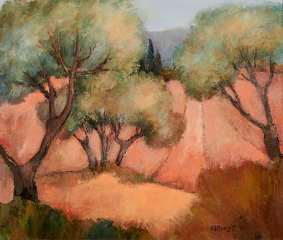 tableau représentant trois arbres dans un champ, avec une montagne en arrière-plan