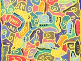 une peinture représentant une place colorée ornée de nombreux motifs variés