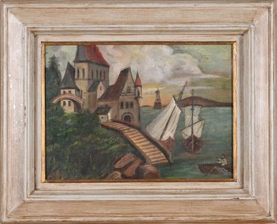 une peinture à l'huile représentant un bateau sur un plan d'eau, avec un château en arrière-plan