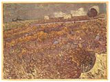 an image of a painting of a field with a train in the distance