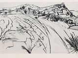 une image représentant un dessin de paysage avec une montagne en arrière-plan