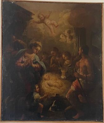 an old painting of a nativity scene with angels above a manger