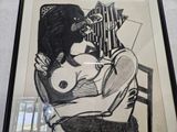 a drawing of a woman sitting on a chair with a guitar