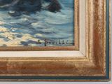an image of a painting of a boat in a body of water with rocks in the background