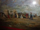 une peinture représentant un groupe de personnes sur la plage