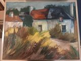 a picture of a painting of a house in a field