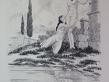 a black and white drawing of a woman and a man