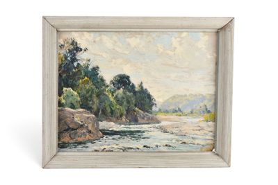 un tableau représentant une rivière avec des arbres et des rochers au premier plan