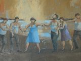 une peinture représentant un groupe de personnes sur la plage