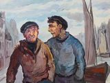 painting of two men sitting on a bench in front of a building