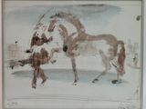 a drawing of a horse and a woman walking