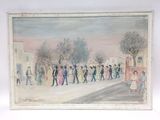 painting of a group of people walking down a street next to a building