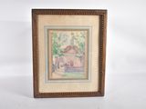 aquarelle encadrée représentant une maison et des arbres, dans un cadre en bois