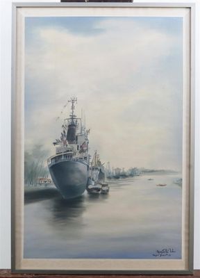 painting of a large boat in a body of water near a dock