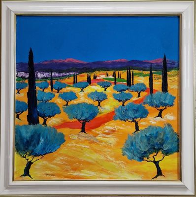 une peinture à l'huile représentant un paysage avec des arbres et des collines au loin