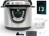 an image of a silver and black electric pressure cooker with a bowl and strainer