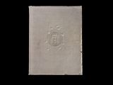 an old book with a picture of a coat of arms on it