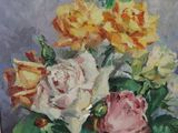 a painting of roses in a vase on a table