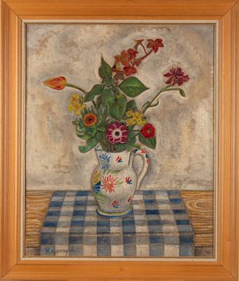 tableau représentant un vase de fleurs posé sur une table recouverte d'une nappe à carreaux