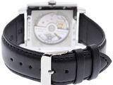 a close up of a wrist watch with a black leather strap