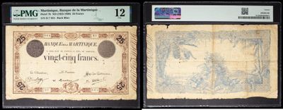 two old currency notes are on display in a display case