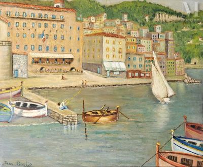 a painting of boats on the water in front of a town