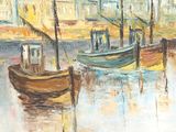 a painting of boats in a harbor with buildings in the background