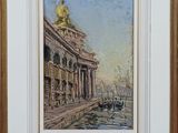 painting of a boat on a river with a building in the background