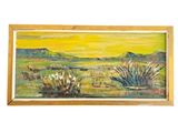 an oil painting of a desert scene with a yellow sky