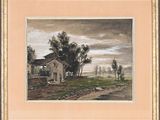 an image of a painting of a farm scene with a house and trees
