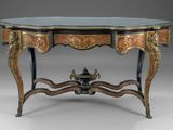 a small table with a glass top on a grey background