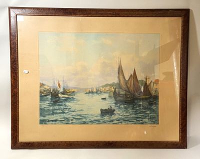 framed painting of boats in a harbor with a sky background