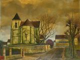 une peinture à l'huile représentant une église surmontée d'un clocher