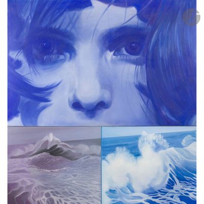 four different pictures of a woman ' s face with a wave in the background