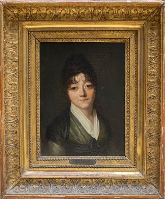 portrait d'un jeune homme en manteau vert, encadré d'un cadre doré