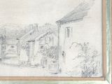 a drawing of a street scene with buildings and trees in the background