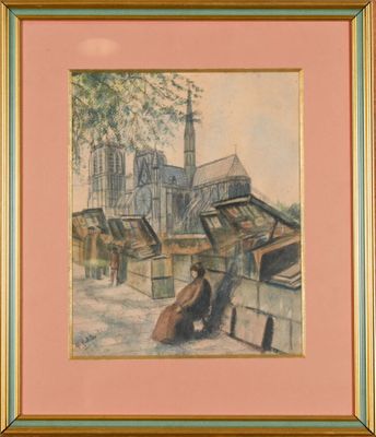 tableau représentant une femme assise sur un banc devant une église