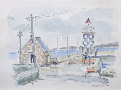 une aquarelle représentant un phare sur le rivage