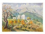 un tableau représentant une maison sur une colline, avec des arbres et des montagnes en arrière-plan