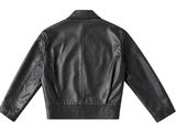 the back of a black leather jacket on a white background