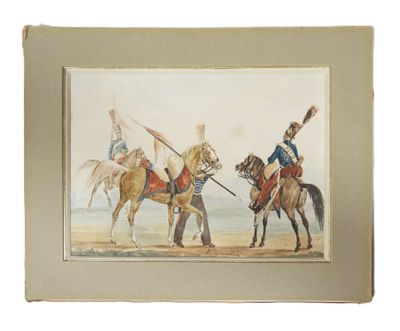 painting of three men on horses with flags on their backs