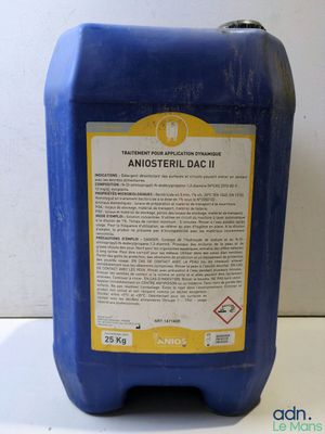 an image of a blue plastic container with a label on it