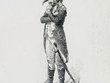 drawing of a man in a cocked hat and uniform holding a cane