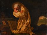 un tableau représentant un homme à genoux, les mains jointes contre son visage